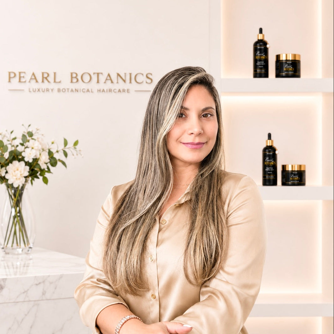 Woman with long hair sitting in a spa-like setting with Pearl Botanics products on shelves.